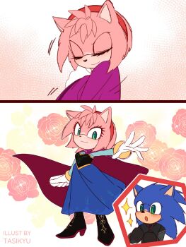 Rule 34 | 1boy, 1girl, amy rose, animal ears, anna (frozen), anna (frozen) (cosplay), blue fur, blue skirt, capelet, closed eyes, commentary, cosplay, dress, english commentary, frozen (disney), gloves, green eyes, hedgehog boy, hedgehog girl, highres, long skirt, long sleeves, pink fur, purple capelet, skirt, sonic (series), sonic the hedgehog, tasikyu, voice actor connection, watermark, white gloves