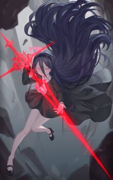 1girl absurdres aris_(blue_archive) ascot black_dress black_hair black_hairband black_shoes blue_archive commentary_request dark_persona dress energy_sword full_body ggangtong hair_between_eyes hairband high_heels highres long_hair long_sleeves looking_at_viewer serious shoes solo sword very_long_hair weapon white_ascot