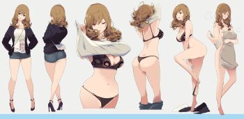 Rule 34 | 1girl, animal print, ass, back, bag, bra, breasts, brown eyes, brown hair, cleavage, closed eyes, commentary, crossed legs, denim, denim shorts, duplicate, eyelashes, fingernails, handbag, hands on own hips, high heels, highres, holding, holding unworn clothes, large breasts, lips, lipstick, long hair, makeup, mikoto akemi, multiple views, nail polish, naked towel, navel, nude, one eye closed, original, panties, panties around leg, photoshop (medium), purple shoes, shoes, shorts, smile, strappy heels, tiptoes, towel, two-tone background, underwear, undressing, unworn clothes, unworn panties, watson cross, wavy hair