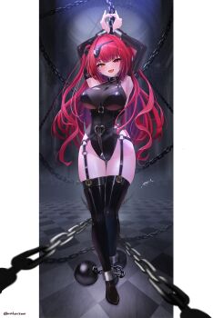 1girl :d ankle_cuffs arms_up black_boots black_leotard black_sleeves blunt_bangs boots bound bound_wrists breasts chain commentary_request detached_sleeves full_body garter_straps gluteal_fold halter_leotard halterneck heart heart_o-ring heterochromia highleg highleg_leotard highres hololive houshou_marine inari_(ambercrown) indoors large_breasts leotard long_hair looking_at_viewer o-ring open_mouth pillarboxed red_eyes red_hair smile solo thigh_boots torn_clothes torn_leotard two_side_up very_long_hair virtual_youtuber yellow_eyes