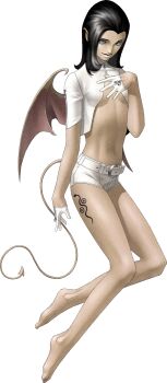 1girl absurdres barefoot bat_wings belt black_hair blue_eyes breasts demon_(megami_tensei) demon_girl demon_tail gloves highres kazuma_kaneko lilim_(megami_tensei) long_hair midriff official_art photoshop_(medium) pointy_ears shin_megami_tensei shin_megami_tensei_i simple_background small_breasts solo tail third-party_source transparent_background underboob white_gloves wings