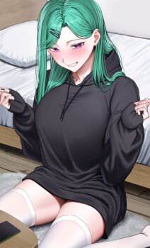 1girl absurdres alternate_costume bed bedroom black_hoodie blush breasts cellphone commentary_request eden_(edenaldojj) green_hair grin hands_up highres hood hood_down hoodie indoors large_breasts long_hair long_sleeves on_floor phone pillow puffy_long_sleeves puffy_sleeves purple_eyes sitting smartphone smile solo textless_version thighhighs thighs virtual_youtuber vspo! wariza white_thighhighs yakumo_beni zettai_ryouiki