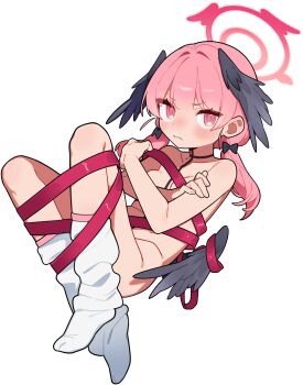 1girl angel_wings black_wings blue_archive blush breasts closed_mouth covering_breasts covering_privates feathered_wings futapi halo head_wings highres koharu_(blue_archive) long_hair looking_at_viewer loose_socks low_wings naked_ribbon nude pink_eyes pink_hair red_ribbon ribbon socks solo transparent_background twintails wings
