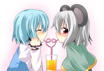 2girls animal_ears blue_hair blush capelet closed_eyes female_focus grey_hair ichimi juliet_sleeves long_sleeves looking_at_viewer mouse_ears multiple_girls nazrin pink_eyes puffy_sleeves shared_drink shirt short_hair smile tatara_kogasa touhou vest
