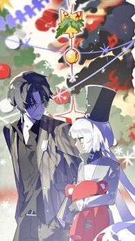 1boy 1girl black_hair charon_(project_moon) christmas_tree gala9960 grey_eyes hashtag-only_commentary highres holding holding_stuffed_toy jacket limbus_company looking_at_another project_moon red_eyes striped_clothes striped_jacket stuffed_animal stuffed_toy tall_hat vergilius_(project_moon) white_hair