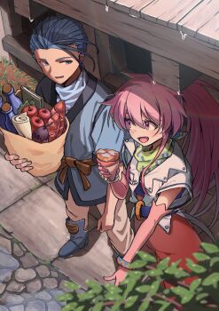 1boy 1girl arche_klein bag blue_hair boots chester_burklight commentary_request crepe food grocery_bag highres long_hair looking_at_another pink_hair shopping_bag smile tales_of_(series) tales_of_phantasia toraneko tunic