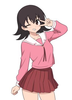 Rule 34 | 1girl, 64vii, azumanga daiou, black hair, blush, brown eyes, female focus, highres, one eye closed, school uniform, short hair, simple background, skirt, smile, tagme, takino tomo, thighs, v, v over eye, white background, wink