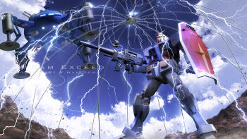 3d adzam beam_cannon beam_rifle blue_sky cloud earth_federation electricity emblem energy_gun english_text fake_screenshot gundam highres machinery mecha mecha_focus mobile_armor mobile_suit mobile_suit_gundam net no_humans realistic robot roundel rx-78-2_gundam s.hasegawa science_fiction shield signature sky trapped turret v-fin walker_(robot) weapon zeon
