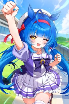 1girl 4kimizuki absurdres ahoge alternate_costume animal_ears back_bow beret blue_hair blue_nails blue_sky bow bowtie brown_shoes chromashift clenched_hands commission day hairband hat highres horse_ears horse_girl horse_tail horseshoe_ornament loafers long_hair looking_at_viewer low_twintails nail_polish one_eye_closed open_mouth outdoors pleated_skirt poko_rakun puffy_short_sleeves puffy_sleeves purple_bow purple_sailor_collar purple_serafuku purple_shirt raised_fist red_bow red_hairband sailor_collar sailor_shirt school_uniform second-party_source serafuku shirt shoes short_sleeves skirt sky solo summer_uniform tail thighhighs tracen_school_uniform twintails umamusume virtual_youtuber white_hat white_skirt white_thighhighs yellow_eyes