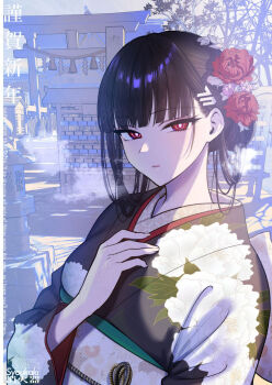 1girl alternate_costume black_hair black_kimono blue_archive breasts bright_pupils commentary_request flower hair_flower hair_ornament hairclip japanese_clothes kimono large_breasts leaf_print looking_at_viewer outdoors print_kimono rio_(blue_archive) shoukaki_(earthean) solo torii white_pupils