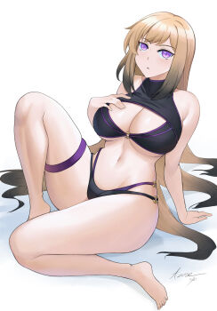 Rule 34 | 1girl, artist name, azuran0, barefoot, bikini, black bikini, black hair, blonde hair, breasts, commentary, commission, dated, english commentary, gradient hair, highres, large breasts, long hair, multicolored hair, navel, original, simple background, solo, swimsuit, very long hair, white background