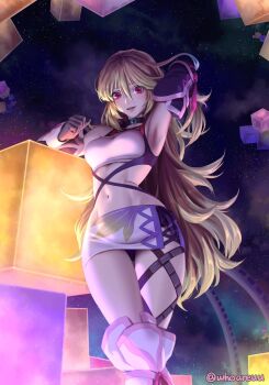 1girl ahoge armpits bare_shoulders belt blonde_hair breasts choker cloud commission dyed_ahoge elbow_gloves gloves gradient_hair highres long_hair looking_at_viewer midriff milla_maxwell multicolored_hair navel night night_sky red_eyes shirt short_shorts shorts skindentation skirt sky sleeveless smile solo standing star_(sky) starry_sky strapless tales_of_(series) tales_of_xillia taut_clothes taut_shirt thigh_strap thighs tube_top whoareuu