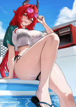 1girl absurdres bikini black_bikini blue_sky blush breasts cloud cloudy_sky contrail cosplay eyebrows_hidden_by_hair eyewear_on_head fang goddess_of_victory:_nikke hair_between_eyes highres horns large_breasts long_hair looking_at_viewer mechanical_horns pool poolside radio rapi_(nikke) rapi_(red_hood)_(nikke) rapi_(red_hood)_(nikke)_(cosplay) rapi_(red_hood)_(red_flavor)_(nikke) red_hair red_hood_(nikke) sandals shirt sky small_chair_(xiaosaiyi33818) solo sunglasses swimsuit teeth thighs upper_teeth_only wet wet_clothes wet_shirt yellow_eyes