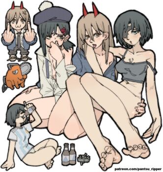 2022_fifa_world_cup 3girls :3 angry argentina arm_around_neck bare_shoulders beer_bottle beret black_hair black_necktie blonde_hair blue_hoodie chainsaw_man cigarette cigarette_butt closed_eyes collared_shirt covering_nose crop_top drinking drunk eyepatch green_eyes hair_ornament hairclip hat higashiyama_kobeni himeno_(chainsaw_man) holding holding_cigarette hood hoodie jacket jacket_partially_removed long_hair looking_at_viewer looking_away looking_to_the_side medium_hair middle_finger midriff multiple_girls naked_shirt necktie off_shoulder pantsu-ripper pochita_(chainsaw_man) ponytail poptepipic power_(chainsaw_man) red_hair shirt short_hair short_ponytail simple_background single_sidelock undone_necktie untied_shoe white_background white_shirt world_cup yellow_eyes