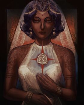 1girl bare_shoulders bindi bracelet bridal_veil commentary dark-skinned_female dark_skin dress earrings empty_eyes english_commentary floating_earrings flower gold_bracelet halter_dress halterneck henna highres himemiya_anthy i_m_e_a jewelry purple_hair rose see-through_clothes see-through_veil shoujo_kakumei_utena signature solo upper_body veil wedding_dress white_dress white_flower white_rose