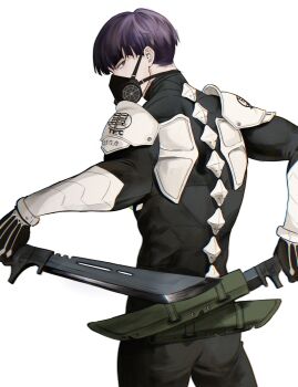 1boy absurdres black_pants commentary_request compression_shirt gas_mask highres holding holding_weapon hoshina_soshiro kaijuu_no._8 korean_commentary long_sleeves male_focus mask pants purple_hair sagu_(9133t) short_hair simple_background solo weapon white_background wireless_earphones