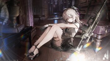 1girl black_dress black_gloves bolt_action brown_hair cheyanne_(girls'_frontline_2) cheyanne_(maiden_debut)_(girls'_frontline_2) cheytac_m200 commentary dress english_commentary full_body girls'_frontline girls'_frontline_2:_exilium gloves gun hallway high_heels highres indoors lentain long_hair looking_at_viewer m200_(girls'_frontline) official_alternate_costume phonograph purple_eyes rifle scope sitting sniper_rifle solo table weapon