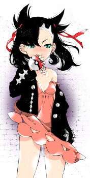 1girl asymmetrical_bangs bare_shoulders black_hair black_jacket black_nails blush choker commentary_request cum cum_in_pussy cumdrip dress earrings embarrassed gluteal_fold green_eyes hair_ribbon holding holding_poke_ball jacket jewelry kuromasa_shisei marnie_(pokemon) medium_hair nail_polish nintendo no_panties open_clothes open_jacket pink_dress poke_ball poke_ball_(basic) pokemon pokemon_swsh ribbon skirt_cutout strap_slip twintails