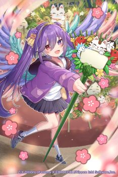Rule 34 | 1girl, black shoes, black skirt, blue wings, copyright notice, feathered wings, flower, from above, hair between eyes, hair flower, hair ornament, heterochromia, highres, holding, holding staff, hood, hooded jacket, jacket, kalavinka (z/x), kneehighs, long hair, maneki-neko, mokuharu, multicolored wings, official art, open clothes, open jacket, open mouth, pink wings, purple eyes, purple hair, purple jacket, purple trim, purple wings, red eyes, shirt, shoes, skirt, socks, solo, staff, standing, standing on one leg, white shirt, white socks, wings, z/x