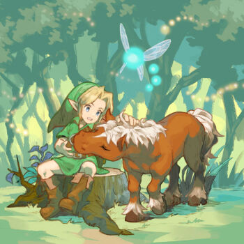 1boy belt blonde_hair blue_eyes boots brown_belt brown_boots closed_eyes curtained_hair epona fireflies fold-over_boots forest green_hat green_tunic hand_up happy hat horse light_trail link looking_at_animal nature navi nintendo on_tree_stump open_mouth outdoors petting short_sleeves sitting taroji teeth the_legend_of_zelda tree_stump tunic u_u upper_teeth_only