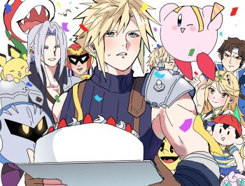 1girl armor black_hair blonde_hair blue_eyes blush brown_hair cake captain_falcon castlevania_(series) chest_strap closed_eyes closed_mouth cloud_strife commentary_request confetti f-zero final_fantasy final_fantasy_vii food fruit gen_1_pokemon gen_2_pokemon gloves grey_hair happy high_collar highres holding holding_cake holding_food jigglypuff kirby kirby_(series) long_bangs long_hair male_focus mario_(series) meta_knight mother_(series) mother_2 multiple_boys musical_note mypenmha6563109 mythra_(xenoblade) ness_(mother_2) nintendo one_eye_closed open_mouth pac-man pac-man_(game) pants parted_bangs pauldrons pichu piranha_plant pokemon pokemon_(creature) richter_belmont sephiroth shirt short_hair shoulder_armor shulk_(xenoblade) single_shoulder_pad sleeveless sleeveless_turtleneck smile spiked_hair strawberry strawberry_cake super_smash_bros. suspenders sweatdrop turtleneck upper_body white_background xenoblade_chronicles_(series)