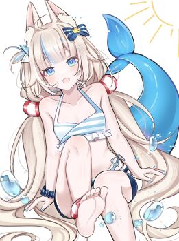 1girl absurdres ahoge animal_ear_fluff animal_ears barefoot bikini blonde_hair blue_bikini blue_eyes blue_nails blue_streaks blunt_bangs blush cat_ears collarbone commentary feet fingernails fins fish_girl fish_tail flat_chest foot_out_of_frame highres indie_virtual_youtuber lifebuoy_hair_ornament long_hair looking_at_viewer low_twintails multicolored_hair nail_polish one_side_up open_mouth rosheil sameko_saba simple_background sitting smile soles solo streaked_hair striped_bikini striped_clothes sun swimsuit tail toes twintails very_long_hair virtual_youtuber white_background