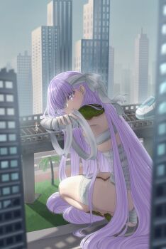 2girls angie03 bandage_over_one_eye bandaged_arm bandaged_foot bandaged_head bandages chaldea_uniform city cityscape fate/extra fate/extra_ccc fate/extra_ccc_fox_tail fate/grand_order fate_(series) fujimaru_ritsuka_(female) giant giantess grass highres kingprotea_(fate) long_hair moss multiple_girls naked_bandage outdoors palm_tree purple_hair railroad_tracks road smile thighs train tree very_long_hair