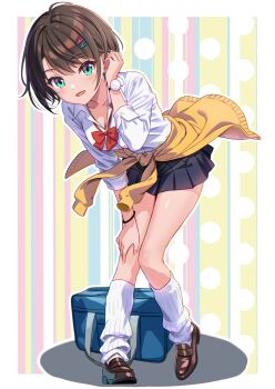 1girl alternate_costume black_skirt blue_eyes brown_hair brown_shoes hair_ornament hairpin hand_on_own_leg hashtag-only_commentary highres hololive jacket loafers oozora_subaru open_mouth shirt shoes skirt smile socks solo tied_jacket tooo88 virtual_youtuber white_shirt white_socks yellow_jacket