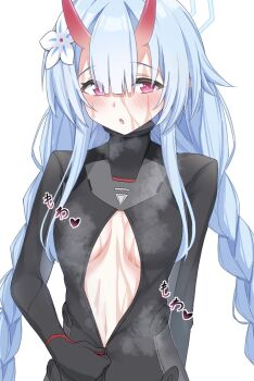 Rule 34 | 1girl, :o, blue archive, blue hair, blue halo, blush, bodysuit, braid, breasts, chise (blue archive), commentary request, cosplay, demon girl, demon horns, flower, hair flower, hair ornament, halo, heart, highres, horns, long hair, long sleeves, looking at viewer, low twintails, medium breasts, no bra, open bodysuit, open clothes, open mouth, red eyes, rio (armed) (blue archive), rio (blue archive), rio (blue archive) (cosplay), sidelocks, simple background, skin-covered horns, solo, sound effects, steaming body, sweat, twin braids, twintails, unzipping, upper body, very long hair, white background, white flower, yamichi (yamichi8369)