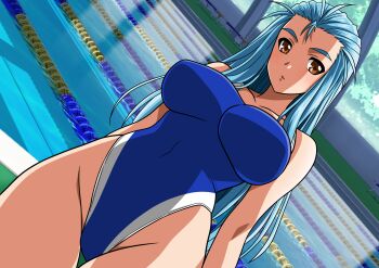 1girl blue_hair breasts brown_eyes competition_swimsuit covered_navel dutch_angle forehead highleg highleg_one-piece_swimsuit highres lane_line large_breasts minazuki_kotoko one-piece_swimsuit pool solo standing swimsuit tokimeki_memorial tokimeki_memorial_2 two-tone_swimsuit yuuyuu_(3jjbn)