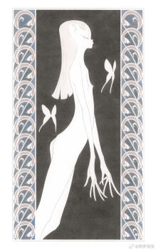 1girl art_nouveau ass blonde_hair bug butterfly colored_skin cowboy_shot flat_ass flat_chest highres insect kishi_takuya long_fingers nipples nude original petite solo traditional_media white_butterfly white_skin