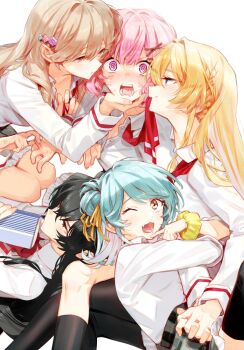 5girls @_@ amaori_renako anger_vein bite_mark black_hair black_pantyhose black_socks blonde_hair blue_eyes blue_hair blush braid breasts brown_eyes brown_hair cleavage commentary_request fang grey_skirt hair_between_eyes hair_ornament hand_on_another&#039;s_cheek hand_on_another&#039;s_face harem highres holding_hands interlocked_fingers kneehighs koto_satsuki koyanagi_kaho long_hair long_sleeves medium_hair minakata_sunao mouth_hold multiple_girls one_eye_closed open_mouth ouzuka_mai pantyhose purple_eyes red_eyes ribbon ribbon_in_mouth sena_ajisai shirt side_braid simple_background skin_fang skirt socks undressing_another watashi_ga_koibito_ni_nareru_wake_naijan_murimuri! white_background white_shirt x_hair_ornament yuri