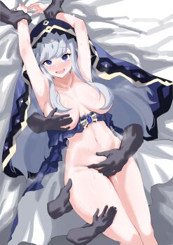 1girl absurdres adina_savic black_survival blue_eyes blue_veil blush breasts collarbone commentary disembodied_hand eternal_return:_black_survival fingering grabbing_another's_arm grabbing_another's_breast grabbing_another's_thighs groping highres large_breasts long_hair looking_at_viewer lying navel on_back open_mouth plentyofempty sidelocks solo solo_focus stomach surrounded_by_hands thighs veil white_hair