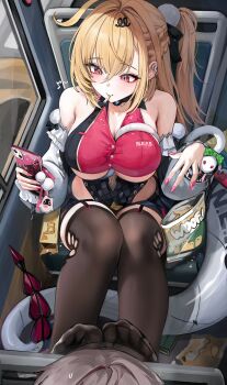 Rule 34 | 1girl, 1other, absurdres, ahoge, black thighhighs, blonde hair, breasts, bus, cellphone, chalky (zenless zone zero), cissia (zenless zone zero), commentary request, detached sleeves, food in mouth, highres, knees up, korean commentary, large breasts, lillly, long hair, motor vehicle, nail polish, no shoes, phone, pink nails, red eyes, shock collar, side ponytail, sitting, smartphone, snack, snake, snake girl, snake tail, solo focus, tail, thighhighs, underboob, white sleeves, white snake, zenless zone zero