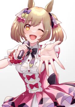 Rule 34 | 1girl, akatsuki (kuon), animal ears, black bow, blush, bow, breasts, brown eyes, brown hair, center frills, commentary request, frills, hair between eyes, hair bow, holding, holding microphone, horse ears, horse girl, looking at viewer, medium breasts, microphone, multiple hair bows, one eye closed, open mouth, outstretched arm, pink bow, pink skirt, puffy short sleeves, puffy sleeves, purple bow, reaching, reaching towards viewer, shirt, short sleeves, simple background, skirt, smart falcon (love 4ever) (umamusume), smart falcon (umamusume), smile, solo, suspender skirt, suspenders, twintails, umamusume, white background, white shirt, wrist cuffs, yellow bow