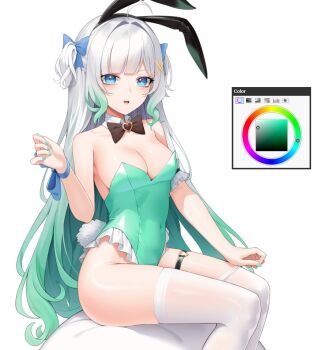 1girl ahoge animal_ear_hairband animal_ears black_bow black_bowtie blue_bow blue_eyes blue_ribbon bow bowtie breasts collar covered_navel detached_collar fake_animal_ears gradient_hair green_hair green_leotard green_nails hair_bow hairband heart heart_o-ring indie_virtual_youtuber leotard long_hair mint_fantome multicolored_hair o-ring o-ring_thigh_strap open_mouth rabbit_ear_hairband rabbit_ears rabbit_tail ribbon sitting solo strapless strapless_leotard tail thigh_strap thighhighs vaughnilla virtual_youtuber white_collar white_hair white_thighhighs wrist_ribbon