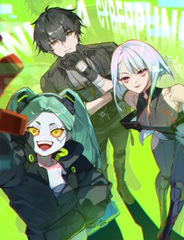 1boy 2girls absurdres bare_shoulders black_gloves black_jacket black_leotard black_pants blue_hair breasts chromatic_aberration closed_mouth colored_skin commentary cyberpunk:_edgerunners cyberpunk_(series) english_commentary gloves green_hair hand_on_own_chin highres jacket leaning_forward leotard long_hair looking_at_viewer lucy_(cyberpunk) male_rover_(wuthering_waves) medium_breasts multiple_girls open_clothes open_jacket open_mouth pants rebecca_(cyberpunk) rover_(wuthering_waves) short_hair siblings smile smirk standing toriumu twins wuthering_waves yellow_eyes