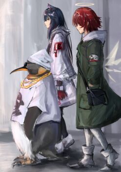 1boy 2girls absurdres animal_ears arknights arms_at_sides bag beanie bird black_leggings blue_hair chain coat commentary detached_wings emperor_(arknights) energy_wings english_commentary exusiai_(arknights) from_side full_body fuyunoyuki gloves gold_chain gold_necklace green_coat grey_leggings grey_shoes halo hat highres jewelry leggings long_hair looking_ahead mixed-language_commentary multiple_girls multiple_necklaces necklace penguin penguin_logistics_(arknights) profile red_gloves red_hair shirt shoes short_hair shoulder_bag sketch standing sunglasses texas_(arknights) traditional_halo walking white_coat white_hat white_leggings white_shirt white_shoes wings wolf_ears wolf_girl yellow_eyes