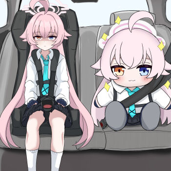 Rule 34 | 1girl, ahoge, black skirt, blue archive, blue necktie, car, character doll, child safety seat, doll, hair between eyes, heterochromia, highres, hoshino (blue archive), legs, long hair, looking at viewer, motor vehicle, necktie, peppo-mk3, pink hair, school uniform, sidelocks, skirt, socks, sparkle, stuffed toy, white socks