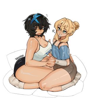 1boy 1girl alohapz artist_name black_hair blonde_hair blue_eyes blue_hair blue_streaks breasts bridget_(guilty_gear) cleavage crop_top guilty_gear guilty_gear_strive hetero highres holding_hands interlocked_fingers large_breasts looking_at_viewer medium_hair multicolored_hair multiple_girls open_mouth red_eyes short_hair shorts simple_background smile streaked_hair thick_thighs thighs trap unika_(guilty_gear)