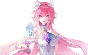 1girl absurdres bare_shoulders breasts commentary cyrene_(honkai:_star_rail) cyrene_(ripples_of_past_reverie)_(honkai:_star_rail) diamond-shaped_pupils diamond_(shape) earrings english_commentary flower hair_flower hair_ornament halo highres honkai:_star_rail honkai_(series) jewelry large_breasts long_hair looking_at_viewer multicolored_hair pink_hair pointy_ears purple_eyes simple_background solo symbol-shaped_pupils two-tone_hair undergroundsmel upper_body very_long_hair white_background white_hair