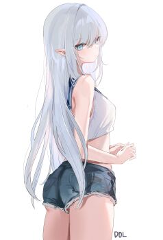 1girl absurdres ass bare_arms bare_shoulders blue_eyes blue_sailor_collar blue_shorts breasts character_request closed_mouth commentary cowboy_shot crop_top cutoffs denim denim_shorts dolechan dungeon_and_fighter english_commentary expressionless from_side highres long_hair looking_at_viewer looking_to_the_side micro_shorts midriff original pointy_ears sailor_collar shirt short_shorts shorts simple_background sleeveless sleeveless_shirt small_breasts solo thighs very_long_hair white_background white_hair white_shirt