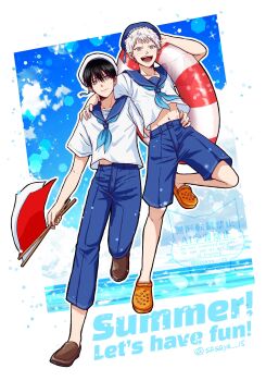 Rule 34 | 2boys, alternate costume, black hair, blue pants, blush, buoy, collared shirt, commentary request, crocs, english text, flag, full body, hair between eyes, hand on another's shoulder, hat, highres, hikaru ga shinda natsu, holding, holding flag, indou hikaru, male focus, midriff, midriff peek, mole, mole on cheek, mole under eye, mole under mouth, multiple boys, navel, pants, red flag, sailor, sailor hat, sasaya, shirt, short hair, smile, teeth, tongue, tsujinaka yoshiki, white flag, white hair, white shirt