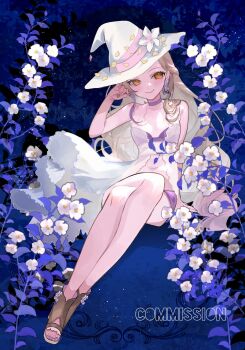 1girl babydoll banbanjiiiiiii bare_shoulders bra brown_hair choker commentary_request commission crossed_legs flower hat hat_flower highres long_hair orange_eyes original purple_bra purple_choker sitting skeb_commission solo underwear white_babydoll white_flower white_hat witch_hat