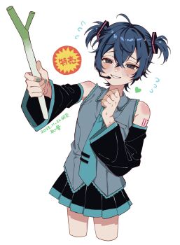 1boy ahoge aqua_nails aqua_necktie black_headband black_sleeves blue_eyes blush borrowed_hairstyle charisma_house collared_shirt commentary cosplay crossdressing crossdressing_(mtf) crossed_bangs dated detached_sleeves food grey_shirt hair_between_eyes hand_up hatsune_miku hatsune_miku_(cosplay) headband heart highres holding holding_food holding_spring_onion holding_vegetable miniskirt motohashi_iori necktie nervous_smile nervous_sweating number_tattoo shirt short_hair short_twintails skirt sleeveless sleeveless_shirt smile solo spring_onion sweat tattoo tkt_tru trap twintails vegetable vocaloid