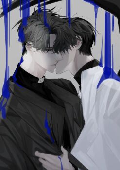 Rule 34 | 2boys, absurdres, ambiguous blue liquid, black coat, black hair, black shirt, coat, curtained hair, hand on another's arm, hayu beck, highres, kim dokja, kiss, male focus, multiple boys, omniscient reader's viewpoint, popped collar, shirt, short hair, upper body, white coat, yaoi, yoo joonghyuk
