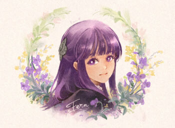 Rule 34 | 1girl, blunt bangs, bright pupils, character name, closed mouth, commentary request, fern (sousou no frieren), flower, gobaku no hito, laurels, long hair, looking at viewer, portrait, purple eyes, purple flower, purple hair, sidelocks, solo, sousou no frieren, white pupils