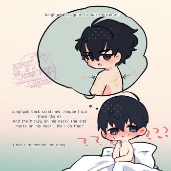 2boys ? ?? averting_eyes bite_mark bite_mark_on_shoulder black_coat black_eyes black_hair black_shirt blush bruise bruise_on_back coat collared_shirt commentary double-parted_bangs english_commentary hair_between_eyes highres implied_after_sex injury kim_dokja kimidori_22 male_focus multiple_boys no_shirt omniscient_reader&#039;s_viewpoint open_clothes open_coat popped_collar scratches shirt short_hair speech_bubble sweatdrop thought_bubble white_coat yoo_joonghyuk