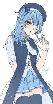Rule 34 | 1girl, absurdres, arm behind back, belt, beret, blue eyes, blue hair, blue nails, blue skirt, blush, bow, clothing request, collared shirt, cowboy shot, dated, earrings, embarrassed, fingerless gloves, fingernails, gloves, haekel, hair bow, hat, head bowed, head tilt, highres, hololive, hoshimachi suisei, hoshimachi suisei (old design), jewelry, long hair, looking at viewer, necktie, one eye closed, open mouth, plaid, pleated skirt, shirt, side ponytail, sidelocks, signature, skirt, solo, standing, star (symbol), star earrings, star in eye, sweatdrop, symbol in eye, thighhighs, twirling hair, untucked shirt, virtual youtuber, white background, white belt, white shirt