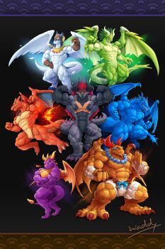 6+boys abs absurdres artist_name bara batzz_(buddyfight) blue_dragon blue_dragon_(blue_dragon) breath_of_fire breath_of_fire_iii charizard claws commentary dragalia_lost dragon_boy dragon_horns dragon_tail dragon_wings english_commentary feathered_wings fire flame-tipped_tail flexing furry furry_male future_card_buddyfight garr_(breath_of_fire) gen_1_pokemon highres horns legendz male_focus midgardsormr_(dragalia_lost) multiple_boys muscular muscular_male nintendo pectorals pokemon pokemon_(creature) shiron_(legendz) spyro_(series) spyro_the_dragon tail waddledox_(waddy) wings